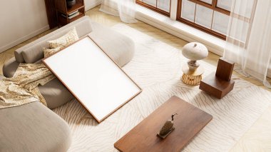 Sıcak nötrler, temiz geometri, ahşap dokular ve yumuşak ışıklandırmayla, sakin, havadar ve görsel olarak tutarlı bir iç mekan oluşturan, asgari manzaralı bir yaşam alanı. 3B illüstrasyon