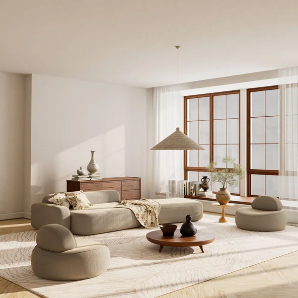 Geniş modern iç mekan, rahat oturma, ahşap dolap ve doğal ışık altında organik aksanlar içeren geniş bir perspektifle çekildi. 3B illüstrasyon.