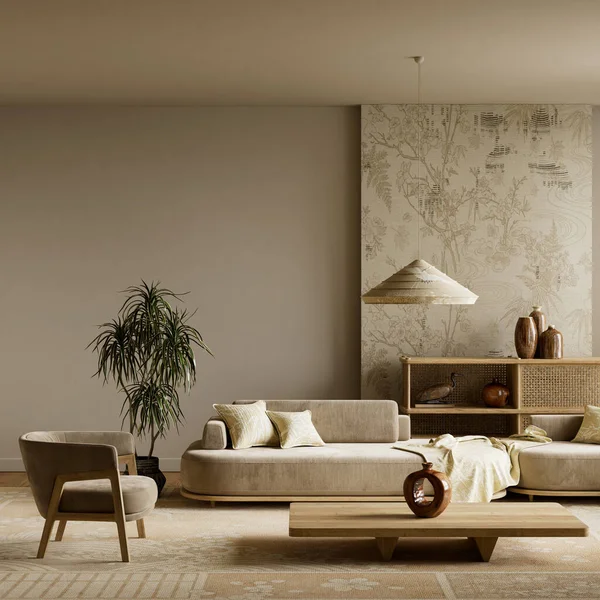 Minimalist mobilyaları, doğal ahşap kaplamaları, yumuşak kumaşları ve gün ışığını birleştirerek sakin, modern ve davetkar bir oturma odası oluşturan sıcak bir Japon iç mimarisi. 3B illüstrasyon
