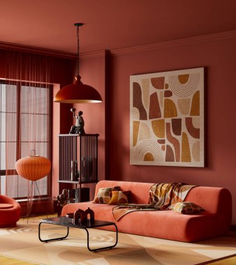 Kavramsal oturma odasının içi sıcak terracotta tonlarıyla, kıvrımlı mobilyalarla ve soyut duvar resimleriyle tasarlandı. Yumuşak ortam aydınlatması cesur, modern ve sanatsal bir hava yaratır. 3B illüstrasyon