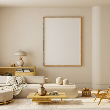 Kanepe, sehpa ve boş duvar boşluğuyla en az Japandi oturma odası sahnesi metin, poster ya da markalaştırma için, aydınlık gün ışığı estetiği, 3 boyutlu illüstrasyon.