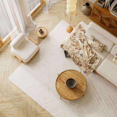 Modern minimalist bej oturma odasının içinde ahşap mobilyalar, rahat Japandi dekorları, yumuşak doğal ışık ve sakin ev tasarımı için sıcak nötr tonlar var. 3B illüstrasyon