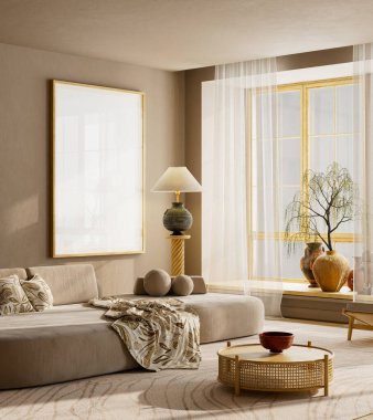 Çerçeveli sanat eserleri, ahşap masa ve sıcak tonda heykel dekoru olan zarif modern oturma odası. 3B illüstrasyon.