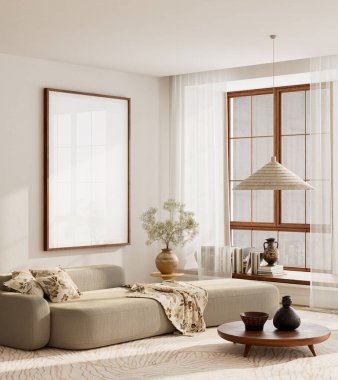 Bej iç duvar modeli ahşap çerçeve ve nötr gün ışığı tonlarıyla modern mekanlarda sanat eserleri sunumu için ideal. 3B illüstrasyon.