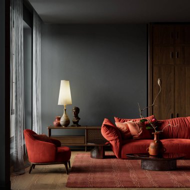 Koyu kırmızı koltuklu iç karartıcı oturma odası, zarif modern ışıklandırma, sıcak aksanlar ve modern dekor, lüks atmosferik modern ev tasarımı için tasarlanmış. 3B illüstrasyon