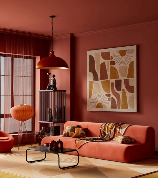 Kavramsal oturma odasının içi sıcak terracotta tonlarıyla, kıvrımlı mobilyalarla ve soyut duvar resimleriyle tasarlandı. Yumuşak ortam aydınlatması cesur, modern ve sanatsal bir hava yaratır. 3B illüstrasyon