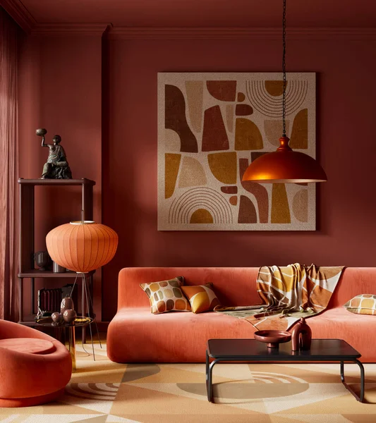 Sıcak terracotta renkleri, soyut duvar sanatı, heykel mobilyaları ve yumuşak ortam ışığının yer aldığı kavramsal oturma odası. Cesur, sanatsal ve şık bir iç atmosfer. 3B illüstrasyon