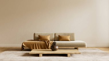 Asgari Japon İskandinav odası organik ahşap, yumuşak doğal ışık ve barışçıl estetik için kasıtlı negatif alan kullanıyor. 3B illüstrasyon