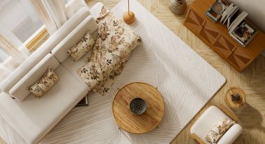 Minimalist bej oturma odasının içinde yumuşak doğal ışık, ahşap mobilyalar, sıcak ışıklandırma ve rahat Japon dekorasyonu var. Zarif ev dekorasyonları için mükemmel. 3B illüstrasyon.