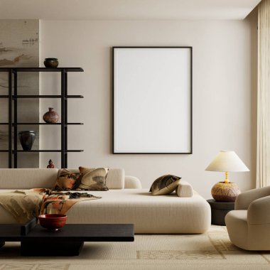 Kalın japandi stili, güçlü kontrast ve minimum mobilya ile doğal maddeleri harmanlıyor. Rafine edilmiş bir poster çerçeve detayı, sakin bir görsel dengeye sahip modern bir iç atmosferi destekler. 3B illüstrasyon