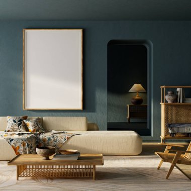 Sıcak, nötr bir iç mekan, bej kanepe, rattan mobilyalar ve koyu mavi bir duvar. Poster çerçevesi veya markalaştırma sunumu için ideal. Yumuşak doğal gün ışığı. 3B illüstrasyon