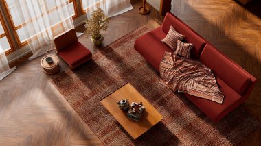 Ahşap dokuları, yumuşak tonları ve dekorları harmanlayan genel bir perspektif, topraklanmış, sıcak ve görsel olarak ısmarlanmış modern bir iç mekan yaratıyor. 3B illüstrasyon