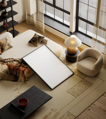 Güçlü kontrast ve organik maddeler bu cesur Japon iç mekanını tanımlar. Minimum mobilya ve poster çerçeve detayı sakin ama anlamlı bir modern tasarım dilini güçlendirir. 3B illüstrasyon