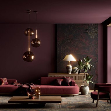 Karamsar bir Japon iç mimarisi dramatik ışıklandırma, bordo aksanlar ve temiz mobilya çizgileriyle tanımlanır, minimalist tasarımı modern lüksle harmanlayarak sinematik bir hava yaratır. 3B illüstrasyon