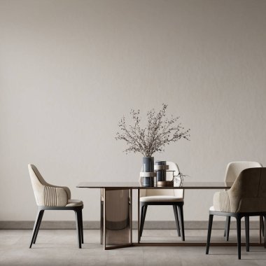 Nötr tonları, zarif yemek masası ve çağdaş sandalyeleri olan modern minimalist yemek odası. Temiz hatlar ve dengeli stil sakin ve lüks bir atmosfer yaratır. 3B illüstrasyon