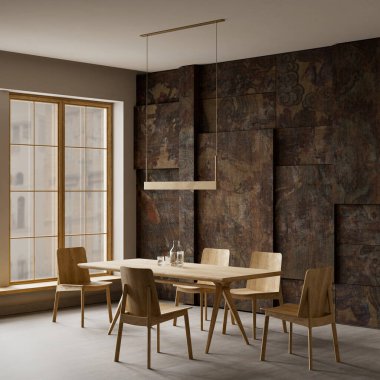 Modern Japandi yemek odası, doğal ahşap mobilyalar, minimalist tasarım ve yumuşak nötr tonlar. Sakin ışıklandırma ve dengeli bileşim rafine, sakin bir alan yaratır. 3B illüstrasyon