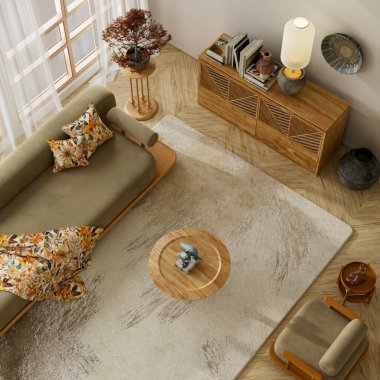 En üst düzey Japon oturma odasının içinde bir zeytin kanepesi, sıcak ahşap dokular, desenli yastıklar ve doğal ışık, rahat ve huzurlu bir atmosfer yaratıyor. 3B illüstrasyon.