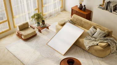 Bej rengi Japandi tarzı iç mimari, ahşap masa üzerinde doğal tonları ve temiz nötr arkaplanı olan bir poster çerçevesi içeriyor. 3B illüstrasyon.