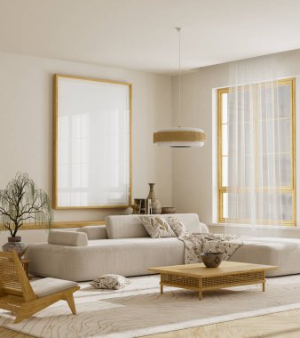 Yaratıcı Japandi tarzı, ahşap masa ve iç tonda rattan detay içeren, markalaşma ve ürün düzeni için ideal bir model. 3B illüstrasyon.