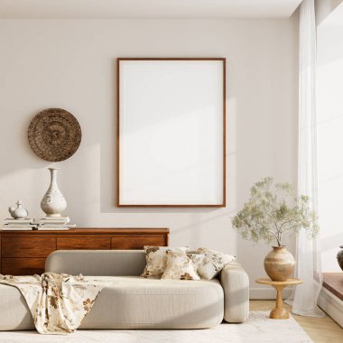 Bej iç duvar modeli ahşap çerçeve ve nötr gün ışığı tonlarıyla modern mekanlarda sanat eserleri sunumu için ideal. 3B illüstrasyon.