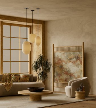 Rafine edilmiş japandi oturma odası minimalist mobilyalar, organik malzemeler ve çağdaş evler ve editoryal iç projeler için sıcak ışıklandırma sergileniyor. 3B illüstrasyon