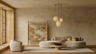Organik dokular, düşük mobilyalar ve yumuşak gün ışığıyla donatılmış minimum japandi oturma odası, sakin iç mekanlar, modern yaşam tarzları ve kaliteli görsel hikaye anlatımları için tasarlandı. 3B illüstrasyon