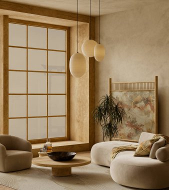 Serene japandi oturma odasının içinde minimalist mobilyalar, doğal malzemeler ve hafif ışıklandırma modern evler, editoryal kullanım ve özel iç mekan görselleri için tasarlandı. 3B illüstrasyon
