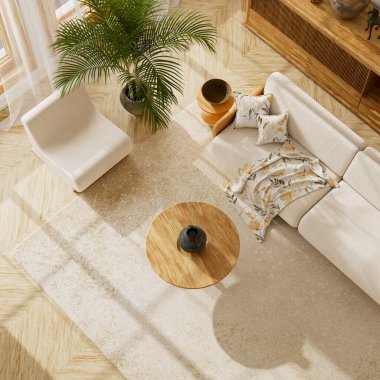 Japandi oturma odasının içinde yumuşak bej bir kanepe, ahşap bir sehpa, kapalı bir bitki, sıcak bir ışık ve minimal bir dekor var. Modern minimalist iç dekorasyon için mükemmel. 3B illüstrasyon.