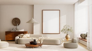 Yumuşak bej renkler, doğal malzemeler ve zarif basitlik gün ışığında sanat eserleri sunumu için sıcak bir atmosfer yaratır. 3B illüstrasyon.