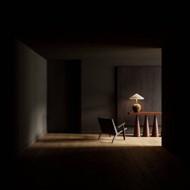 Temiz geometriyi vurgulayan geniş bir negatif alan düzeni, sıcak yön aydınlatması ve görsel berraklık ve derinlik için rafine edilmiş bir minimalist düzenleme. 3B illüstrasyon