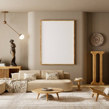 Ahşap mobilyalar, yumuşak bej renkler, sıcak güneş ışığı ve rahat minimalist atmosfer içeren zarif Japandi taklit sahnesi poster çerçevesi veya markalaştırma için idealdir. 3B illüstrasyon