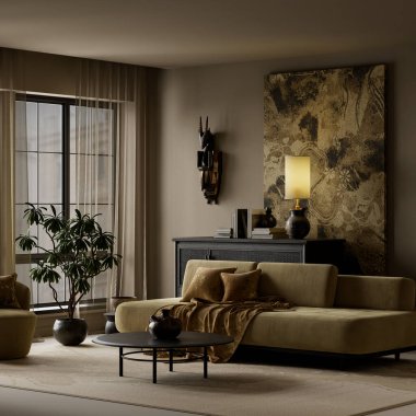 Sıcak ışıklandırma, desenli duvarlar, modern iç tasarım kavramları için zarif kanepe ve premium dekor içeren karanlık, kasvetli bir oturma odası. 3B illüstrasyon