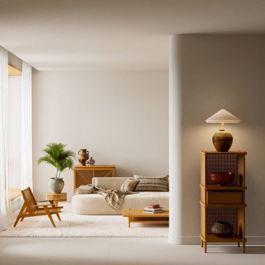 Ahşap yüzeyler, pürüzsüz kumaşlar, yumuşak gün ışığı ve doğal fotokopi alanı sağlayan, sıcak, dengeli ve modern bir görsel atmosfer çizimi yaratan havadar bir yapı.