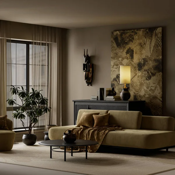 Sıcak ışıklandırma, desenli duvarlar, modern iç tasarım kavramları için zarif kanepe ve premium dekor içeren karanlık, kasvetli bir oturma odası. 3B illüstrasyon
