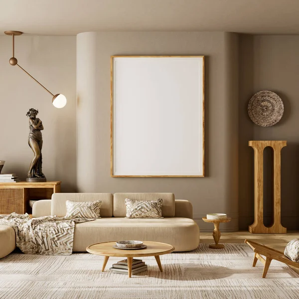 Ahşap mobilyalar, yumuşak bej renkler, sıcak güneş ışığı ve rahat minimalist atmosfer içeren zarif Japandi taklit sahnesi poster çerçevesi veya markalaştırma için idealdir. 3B illüstrasyon