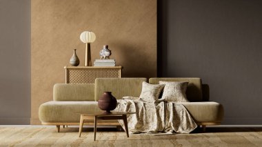 Geniş negatif uzay karanlık iç mekan Japon ahşap dokularını, boş odak duvarı ve modern dengeyi vurgulamak için atmosferik aydınlatmayı birleştiriyor. 3B illüstrasyon