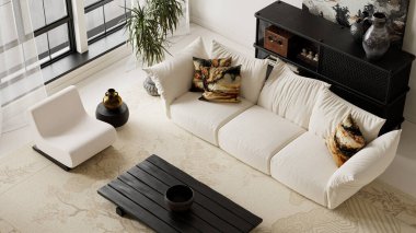 Genel bakış açısı, minimum mobilyalar, organik dokular ve sıcak nötr tonlarla, dengeyi, berraklığı ve modern iç uyumu vurgulayan cesur japandi karşıtlığını vurguluyor. 3B illüstrasyon