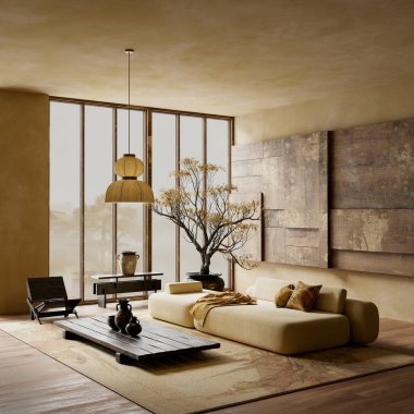 Ilık japandi oturma odasının içinde doğal ahşap paneller, yumuşak ışıklandırma ve organik dokular Wabi Sabi tasarımından esinlenerek sakin, dengeli ve modern bir atmosfer yaratıyor. 3B illüstrasyon