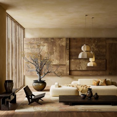 Doğal ahşap paneller, tarafsız koltuklar, heykel şeklinde kolyeler ve sakin, modern ve uyumlu yaşam alanları için organik dekorlar içeren sıcak japandi oturma odası. 3B illüstrasyon