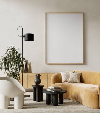 Şık, sakin ve şık iç mekan sunumları için tasarlanmış poster çerçevesi, sıcak toprak tonunda oturma ve modern dekorasyonun yer aldığı çağdaş minimal oturma odası. 3B illüstrasyon
