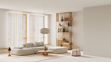 Sıcak nötr yüzeyler ve pürüzsüz kumaşlar bu huzurlu iç mekanı cömert negatif alan ve doğal kopya alanı ile tanımlayarak sakin ve uyumlu bir modern kompozisyon oluşturur. 3B illüstrasyon