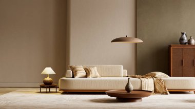 Yumuşak ışıklandırma, sıcak ahşap, doğal palet, bej tekstil ve temiz modern koltuklar sessiz, havadar bir kompozisyon ve gelişmiş görsel sakinlik yaratır. 3B illüstrasyon
