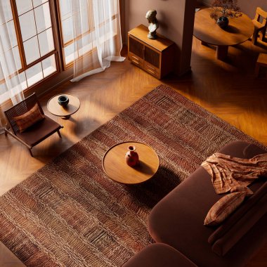 Üst görünüm organik modern iç mimari düzen, heykel yerleştirme, katmanlı dokular ve doğal malzemeler dengeli, dokunsal bir çağdaş sahne için sıcak ışıkla birleştiriliyor. 3B illüstrasyon