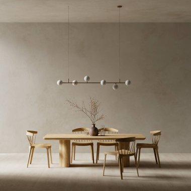 Sakin japandi yemek odası tasarımı, ahşap masa, basit sandalyeler ve nötr palet. Minimum bileşim ve doğal ışık, sakin ve modern bir yemek atmosferi yaratır. 3B illüstrasyon