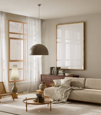 Tarafsız oturma odasının içinde ahşap mobilyalar, yumuşak doğal ışık ve modern minimalist bir ortamda iç dizayn, markalaşma veya ürün sergisi için ideal bir poster çerçevesi var. 3B illüstrasyon.