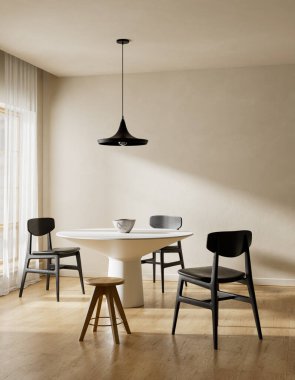 Temiz hatlar, doğal malzemeler ve geniş kompozisyon içeren modern Japon yemek odası sakinlik, denge ve basitliğe odaklı çağdaş iç mekanlar için idealdir. 3B illüstrasyon.