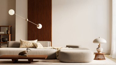 Açık negatif alanı, doğal aydınlatmayı, pürüzsüz dokuları ve rafine ahşap elementleri vurgulayan, sakin, çağdaş bir uzamsal bileşim sunan sıcak bir minimal iç mekan. 3B illüstrasyon