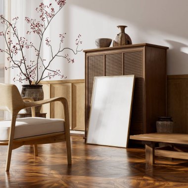 Japandi oturma odası tasarımı doğal ahşabı, nötr paleti, geniş negatif alanı ve modern iç dekorda temiz bir poster çerçevesini ön plana çıkarıyor. 3B illüstrasyon.