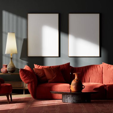 Zarif kırmızı mobilyalar, sakin ortam ışığı ve rafine poster estetiğini vurgulayan asgari dekorasyon ile tasarlanmış iç mimari tasarımı. 3B illüstrasyon