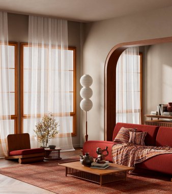 Huzurlu, dengeli ve rafine bir yaşam alanı yaratmak için el yapımı detaylar, topraksı tonlar ve yumuşak ışıklandırma ile davetkâr bir organik modern iç mekan. 3B illüstrasyon